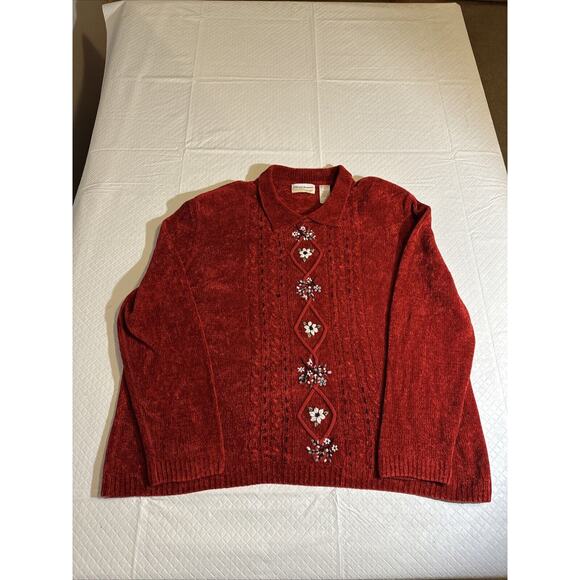 Adeline‎ Alfred Dunner Women’s 3X Red Floral Embroidered Sweater Top collar - Picture 1 of 7